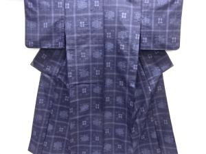 格子に牡丹・井桁絣織出し手織り紬単衣着物